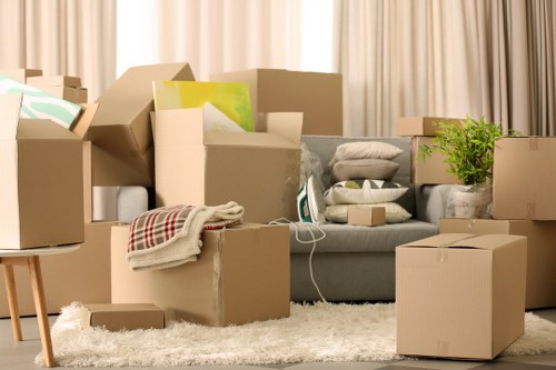 Packed boxes and labeled items prepared for house removals in Canningtown